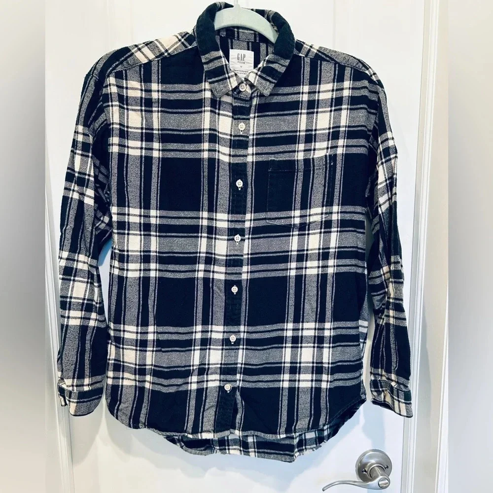 GAP Kids XL 12 Black & Gray Plaid Flannel Tencel Lyocell Soft Button Down